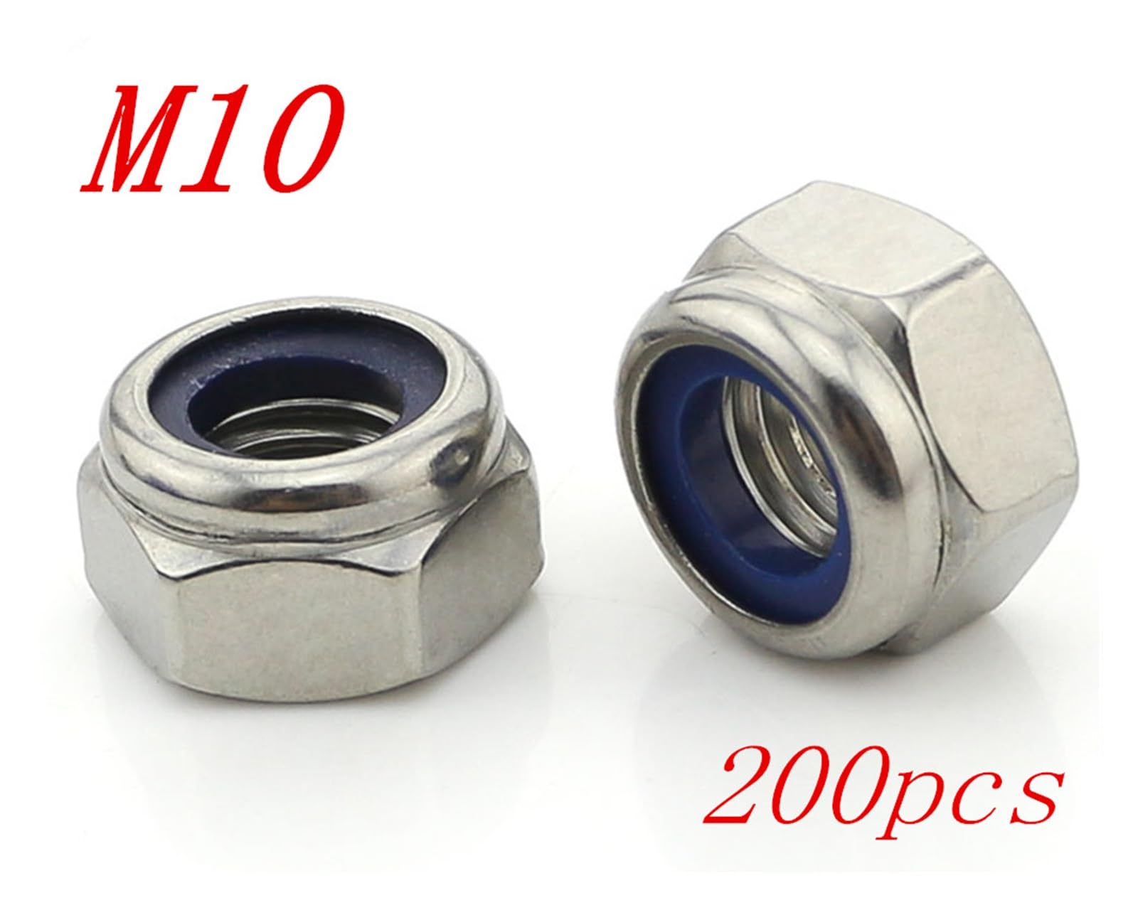 200 piezas métricas M10 304 cabeza hexagonal de acero inoxidable tuercas de tope de bloqueo de inserción de nailon
