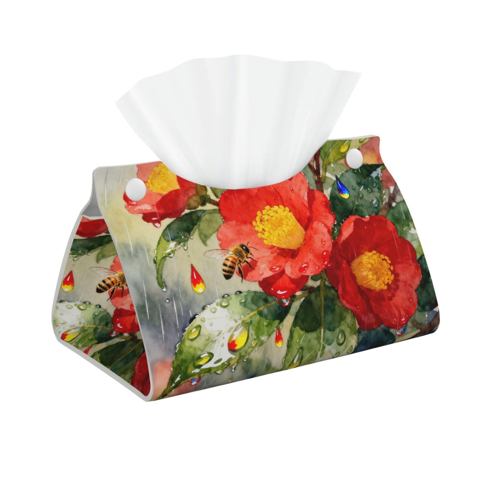 Flower Rain Long Leather Tissue Box Cover-Waterproof PU Leather Tissue Holder for Bathroom, Decorative Rectangular Tissue Case