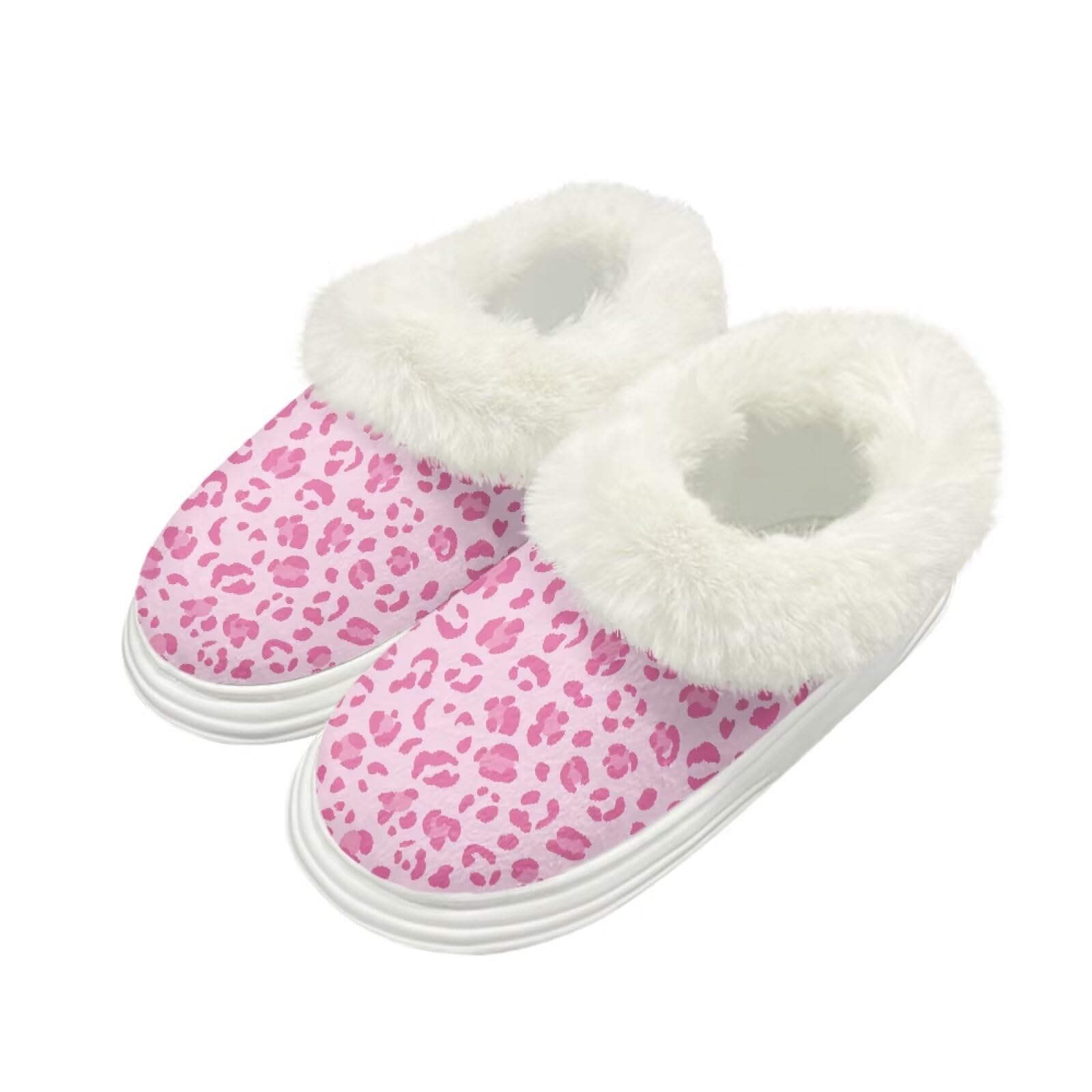 Howilath Leopard Print Winter Boots for Women Mid Calf Booties Non-Slip Fuzzy Shoes with Fur Edges for Indoor