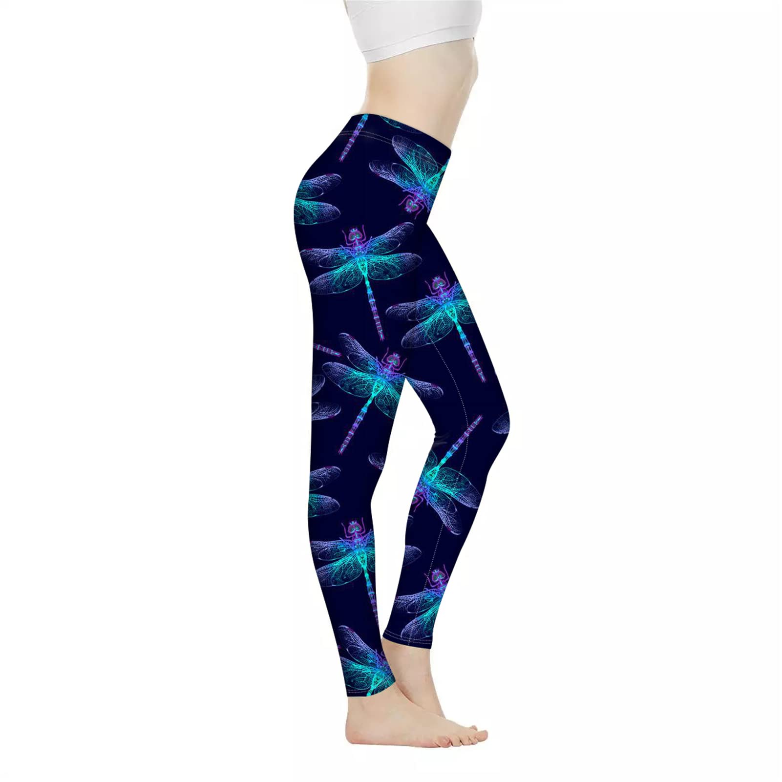 Biyejit Women's Dragonfly Print Leggings High Waisted Tummy Control Yoga Pants Workout Running Legging