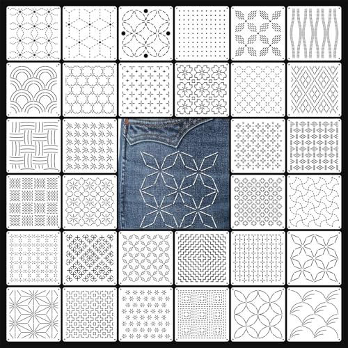 Eikovia 32-Piece Sashiko Stencil Kit 5.1x5.1inch Reusable PET Plastic Templates for Embroidery & Quilting Patterns