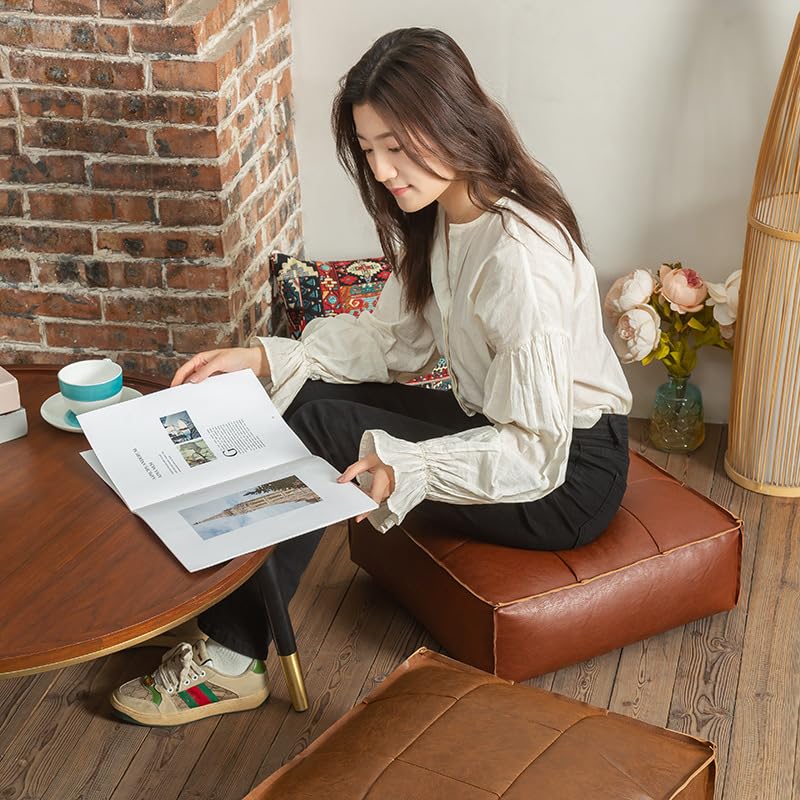 Ottomane quadratisches Bodenkissen, PU-Leder, Vintage-Retro-Stil, gewachstes Leder, Sitz für Wohnzimmer, Schlafzimmer, Balkon (dunkler Kaffee, nur Bezug, L-45 x 45 x 15 cm)