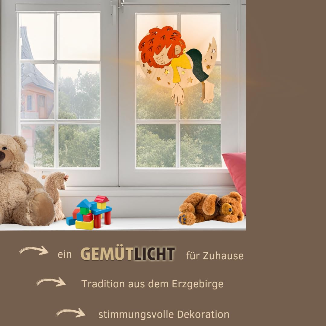 weigla - Fensterbild original Erzgebirge I Motiv Pumuckl im Mond I Weihnachtsdeko I 1 Lampe I 7 W, E14 I Weihnachtsbeleuchtung I Fensterdeko hängend