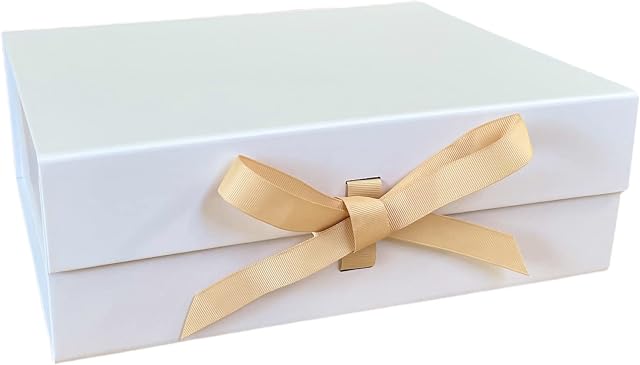 TOFFEL White Gift Box with Lid Large 32x22x10cm, Luxury A4 Magnetic Gift Box, Gold Ribbon, Gift Boxes with Lids for Presents, Hamper Boxes Empty, Bottle Gift Box, Birthday, Wedding, Valentines
