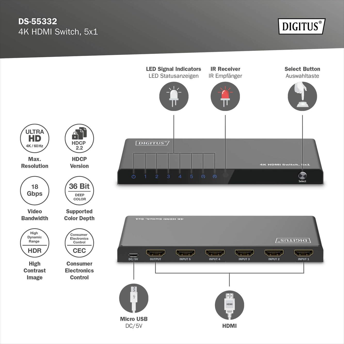 DIGITUS Conmutador HDMI 5x1 – 5 entradas, 1 Salida – UHD 4K/60 Hz – | HDMI 2.0, HDCP 2.2 – HDR, CEC, Deep Color, DTS, Dolby Digital, LPCM – Para televisores, monitores, consolas de videojuegos