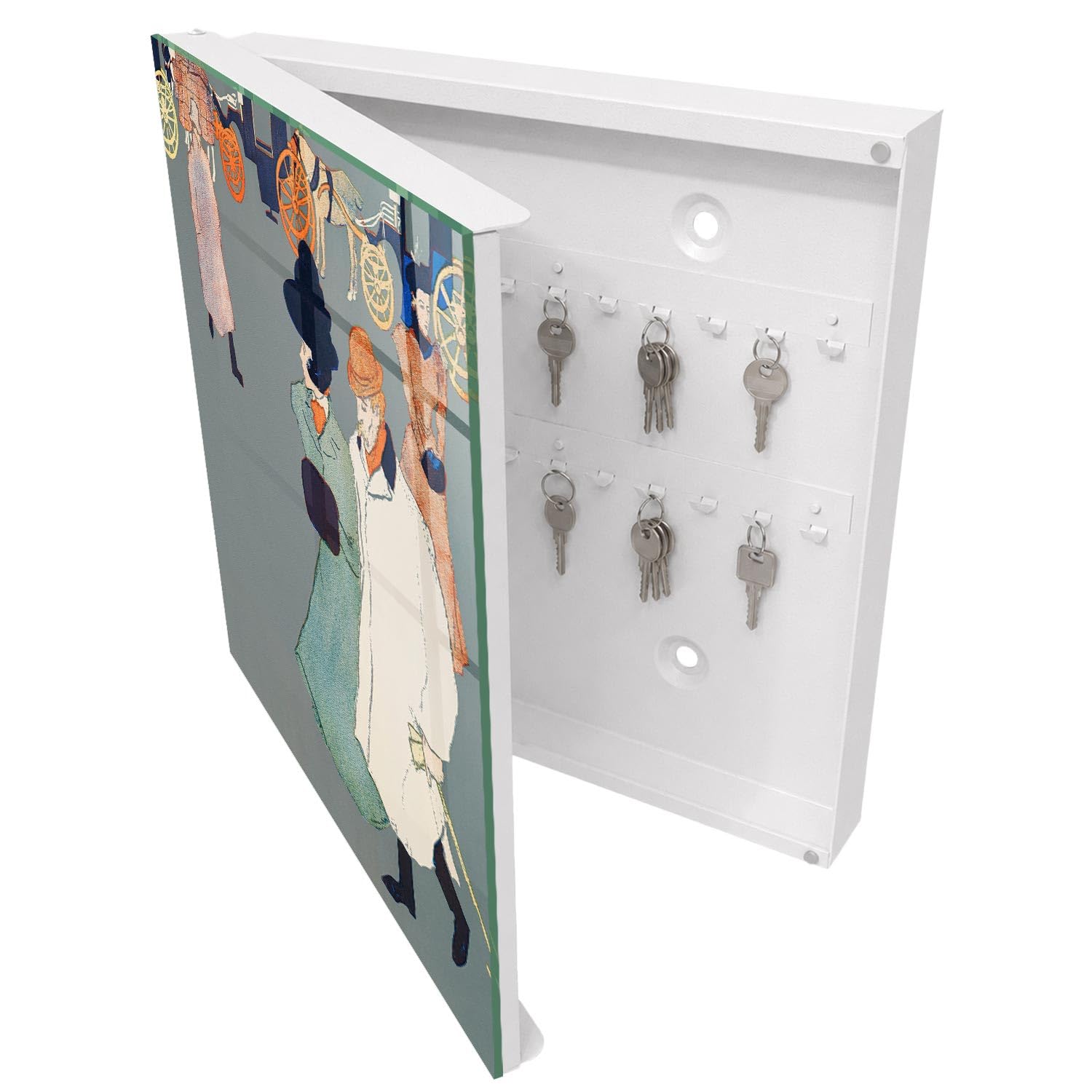 Armadietto Portachiavi 30x30 cm | Bianco | A Sinistra | Montaggio a Parete | Passeggiata in città | in Metallo | Tasselli e Viti Inclusi | per Uffici | Frontale Decorativo in Vetro Temperato
