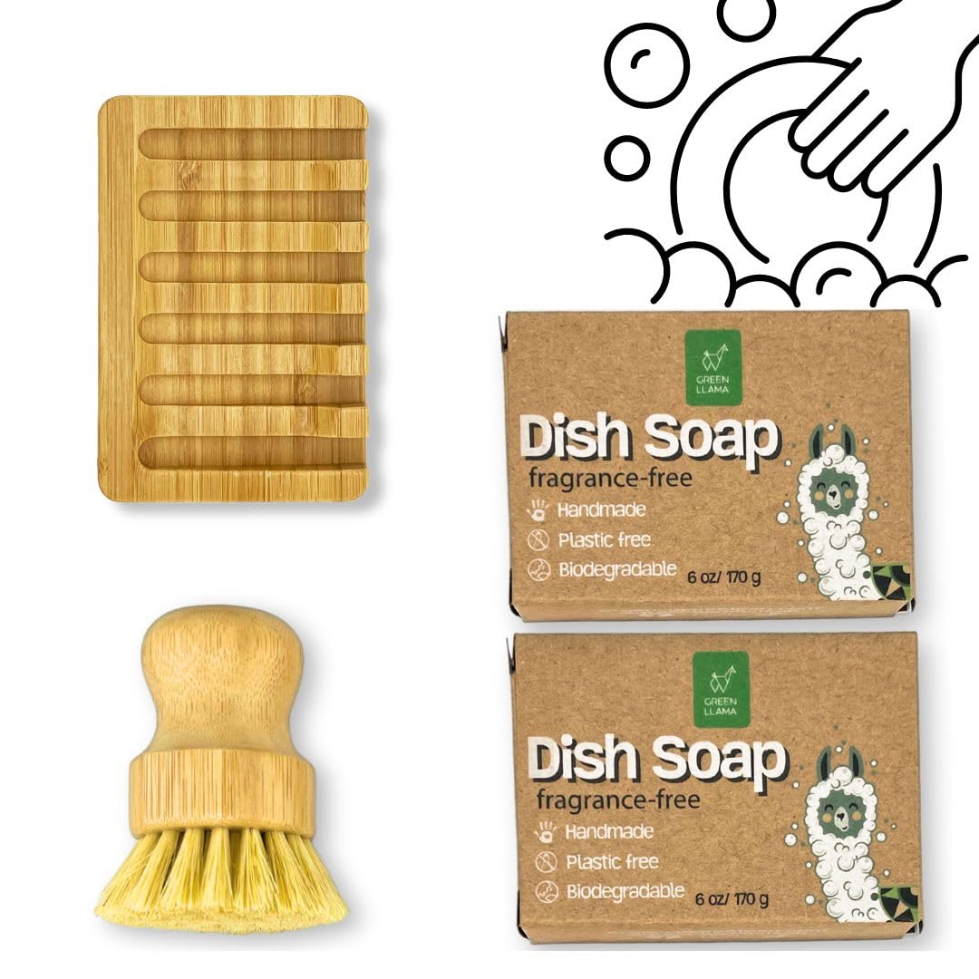 Green Llama Juego de jabón ecológico para lavar platos con 2 barras de aceite de coco sólido sin fragancia, cepillo de sisal y soporte de bambú, juego de limpieza sostenible de cocina