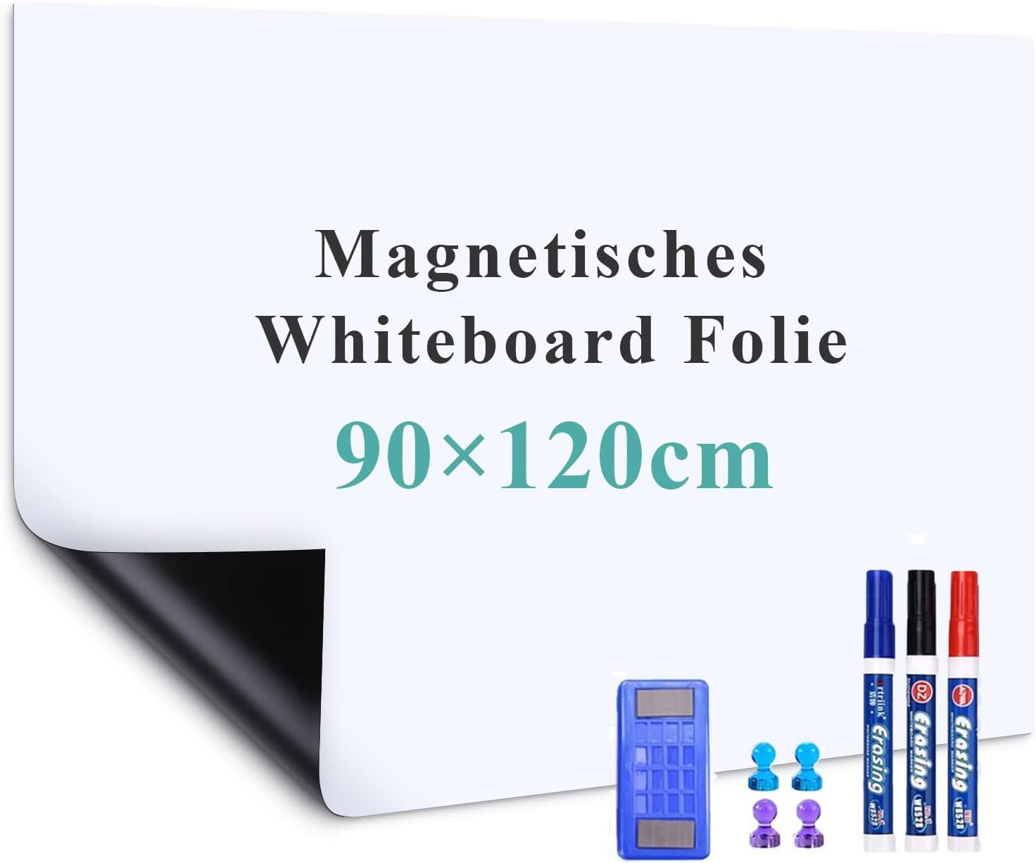 Pizarra Blanca Magnética Lámina, 120 * 90cm Adhesiva de Borrado en seco, Whiteboard adecuado Infantil/Familia/Oficina, con Rotuladores Pizarra Blanca, Borrador, Iman | Pizarra de notas regrabable para escribir reuniones – 90 x 120 cm con rotuladores espon