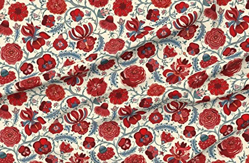 Spoonflower Fabric - Chintz Floral Poppy Botanical Rose Red Sage