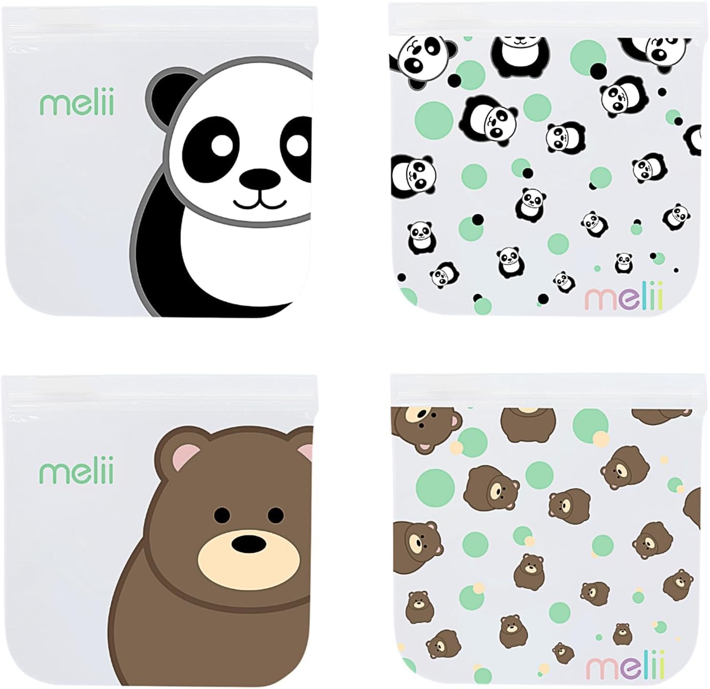 melii Reusable Sandwich & Snack Bags for Kids & Adults, Food Storage, Organization & Meal Prep Containers, Leakproof, BPA free, 4 Pack, 2 Panda & 2 Bear