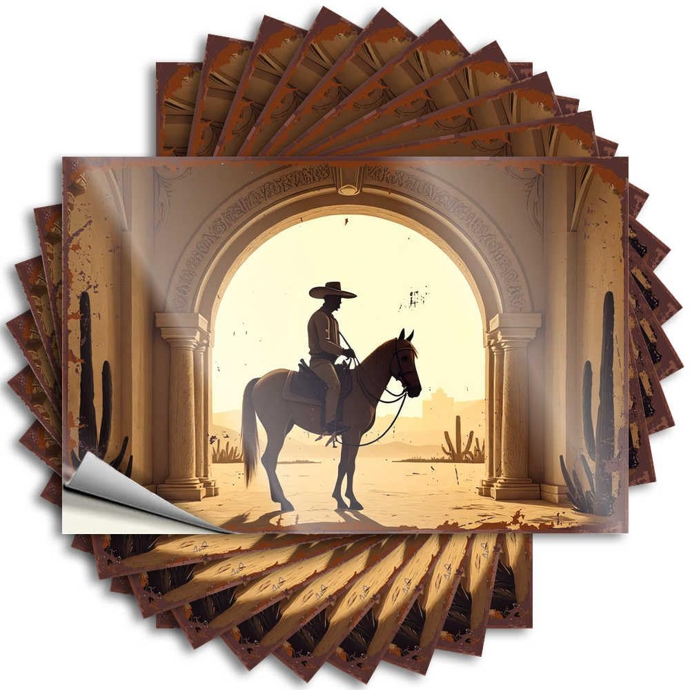 Decal Hat Small Silhouette of A Cowboy On Horseback Under an Archway for Friends - Funny Desk Decor Easy Peel Removable(8X12CM)