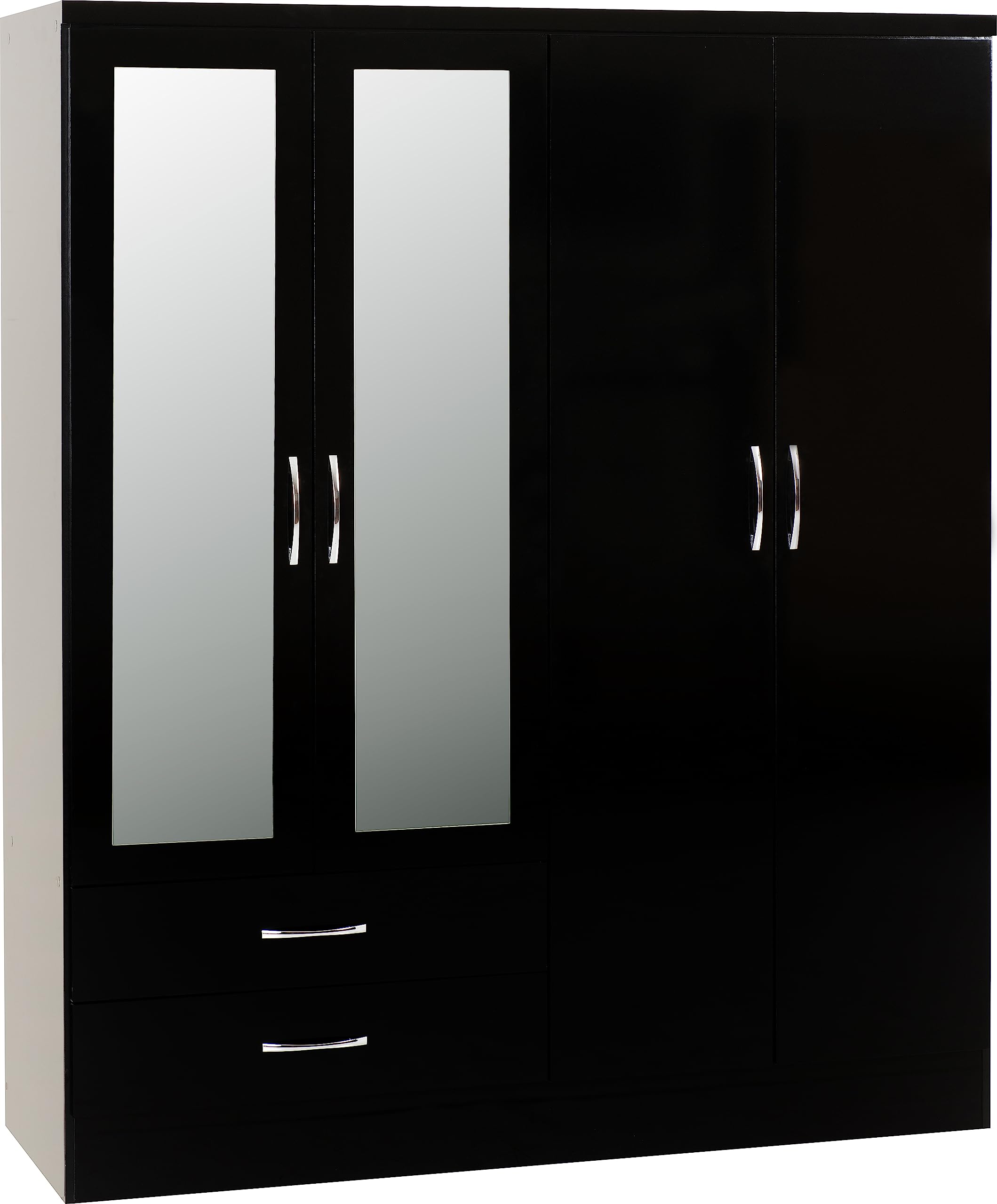 Seconique Black Nevada 4 Door 2 Drawer Mirrored Wardrobe - Gloss