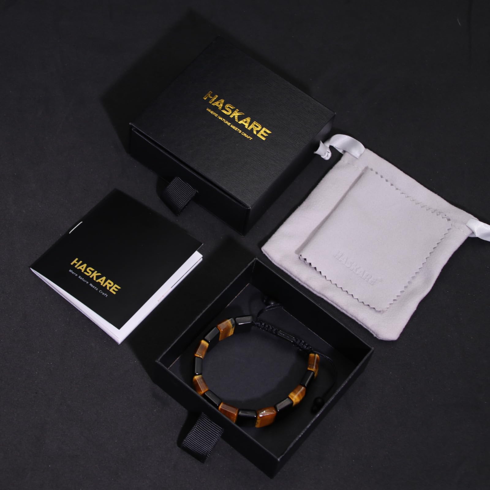 HASKARE Herren Naturstein-Armband Set – Schutz Kristall Howlith Obsidian Tigerauge-Armband handgefertigt verstellbar maskuliner spiritueller Schmuck, Geschenk für ihn Vater zu Geburtstag – Stressabbau
