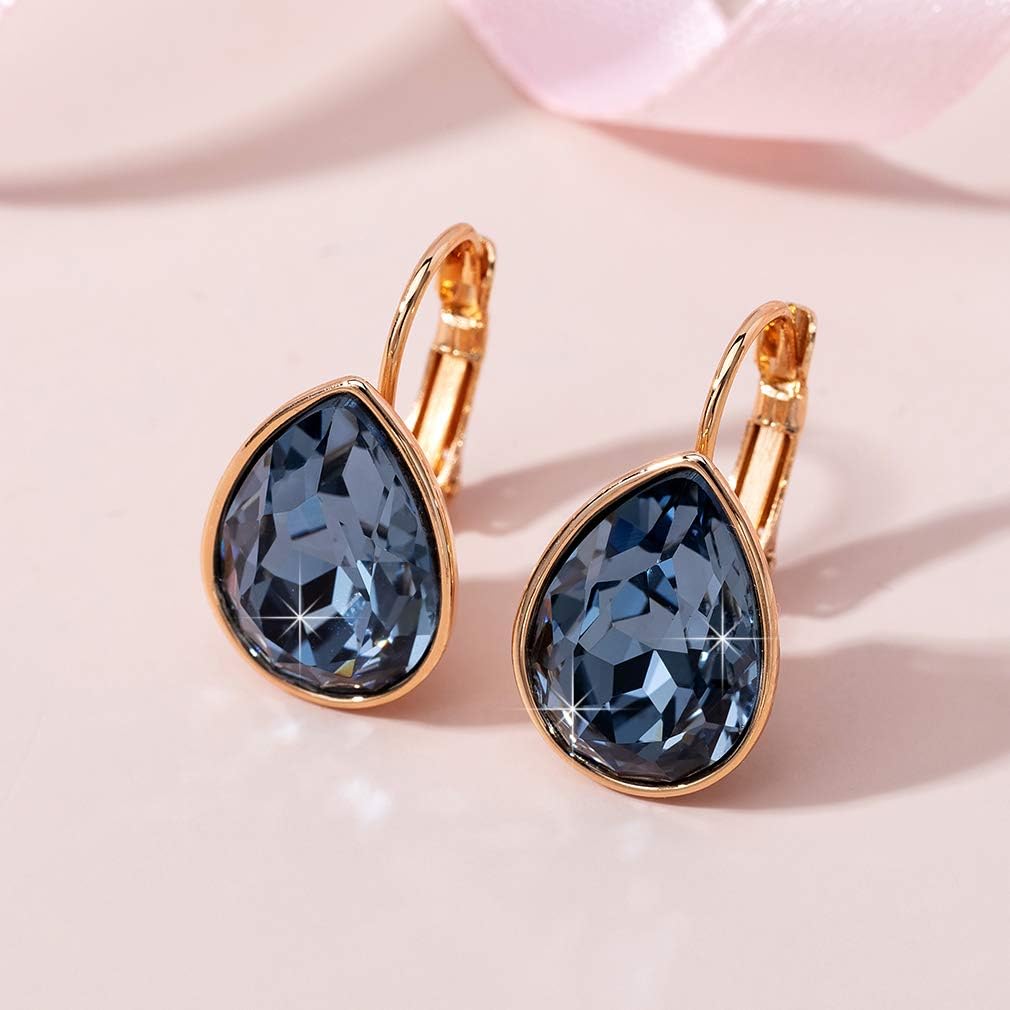 Teardrop Austrian Crystal Leverback Drop Earrings for Women 14K Rose Gold Plated Hypoallergenic Jewelry - Image 5