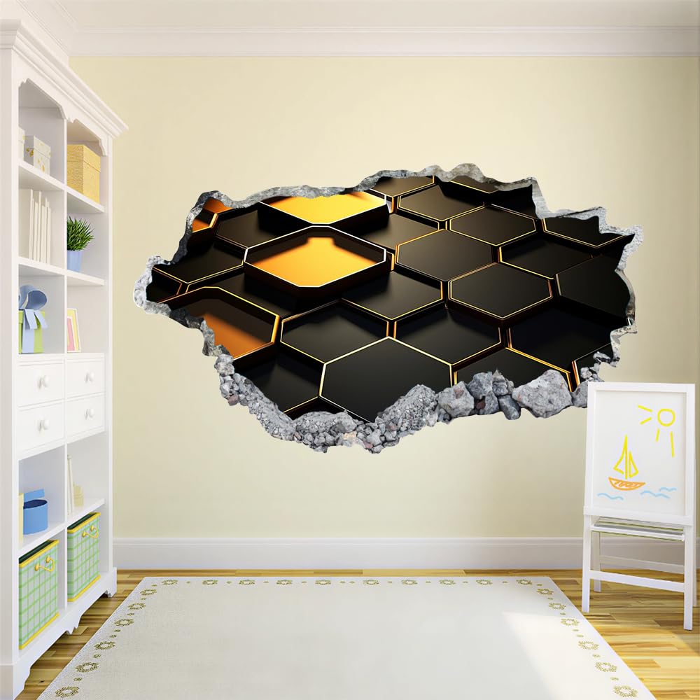 3D Wandtattoo Durchbruch Wanddeko Geometrie Wanddurchbruch sticker Wandbild Wandsticker Schwarz Und Gold Wohnzimmer Wanddeko Wandaufkleber für Kinderzimmer Mädchen Teenager Zimmer