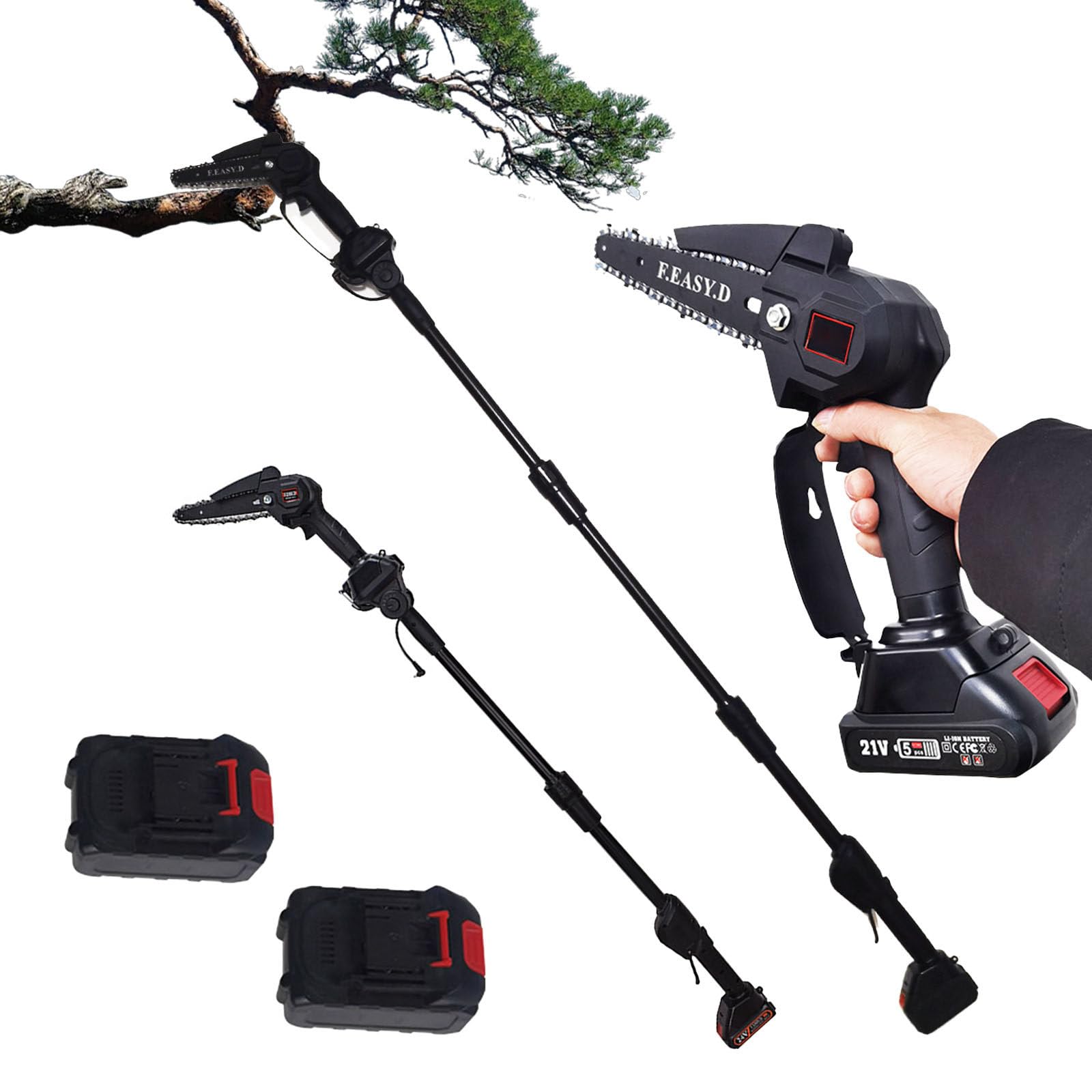 2 en 1 Mini Motosierra Bateria, 6" Motosierra Pertiga Electrica Inalámbrica, 1.7m Motosierra Telescópica con 2 Baterías, Sierra Electrica Podar Arboles para Cortar Ramas y Jardines