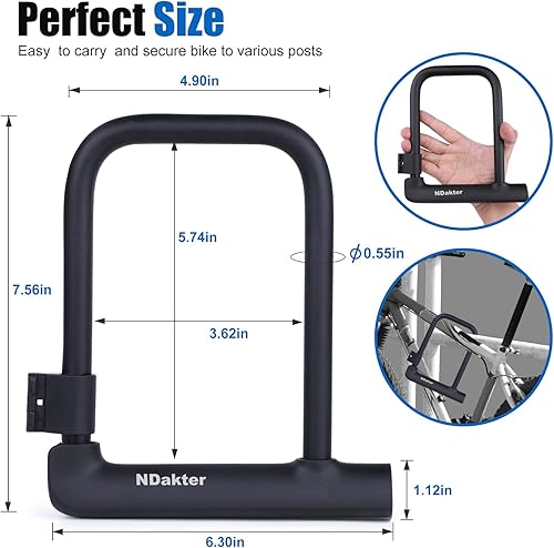 Miniatura 6 de Cerradura en U para bicicleta, mini cerradura ligera en forma de U de 0.551 in con 2 llaves, cerradura de bicicleta portátil resistente y sólida
