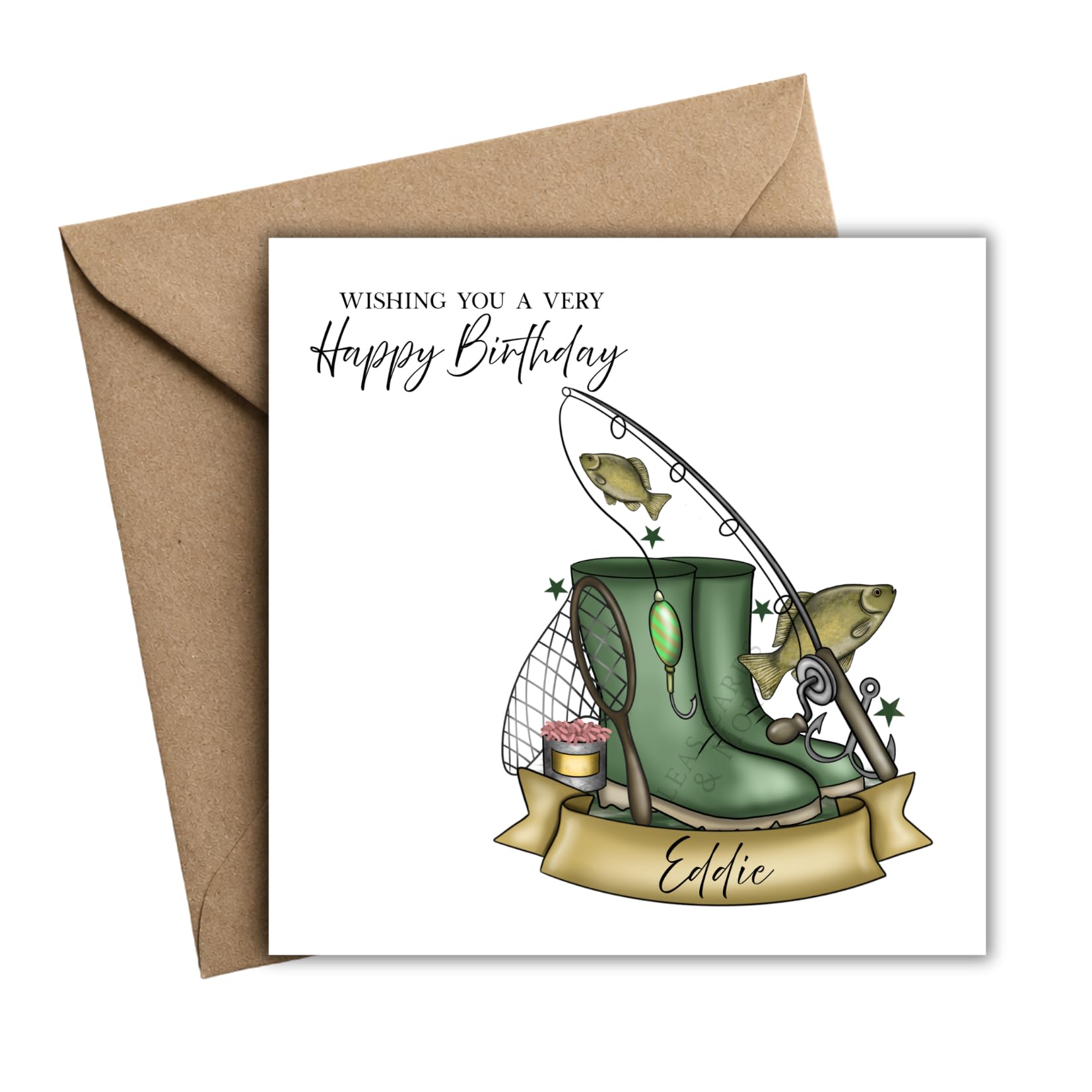 Fishing Birthday Card - Fishing Boots Happy Birthday Card, 6x6 Inches