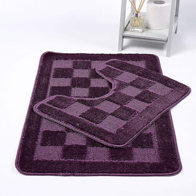 Bella Nights Squares 2 Piece Bath Mat & Pedestal Set โ Non Slip & Extra Absorbent โ Square Bathroom Toilet Rug Set โ Soft Bath Mats for Bathroom Floor (Plum)