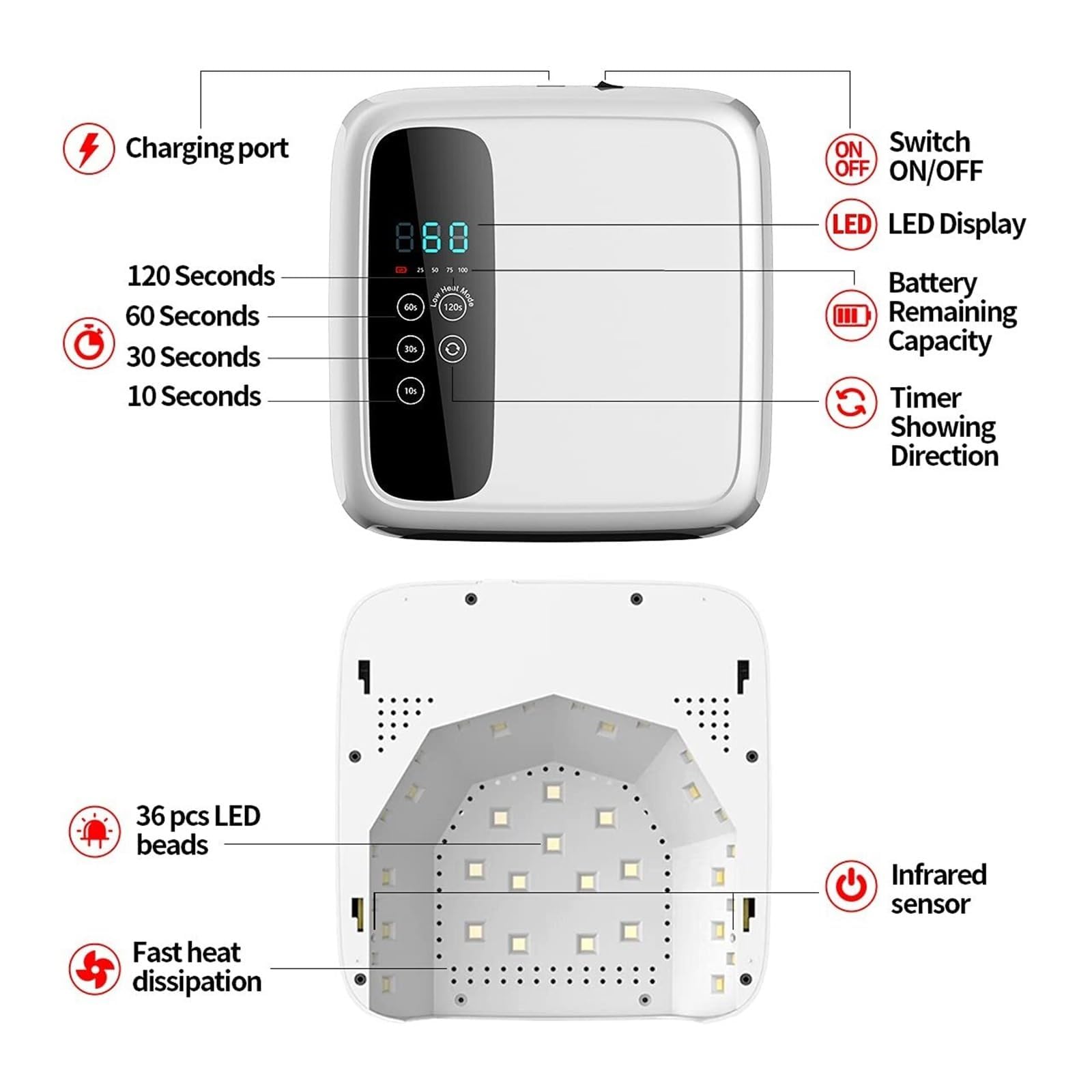 Lámpara LED de uñas de 72 W, inalámbrica, recargable, profesional, secador de uñas de gel para salón en casa, batería de 15600 mAh, lámpara de curado para esmalte de uñas