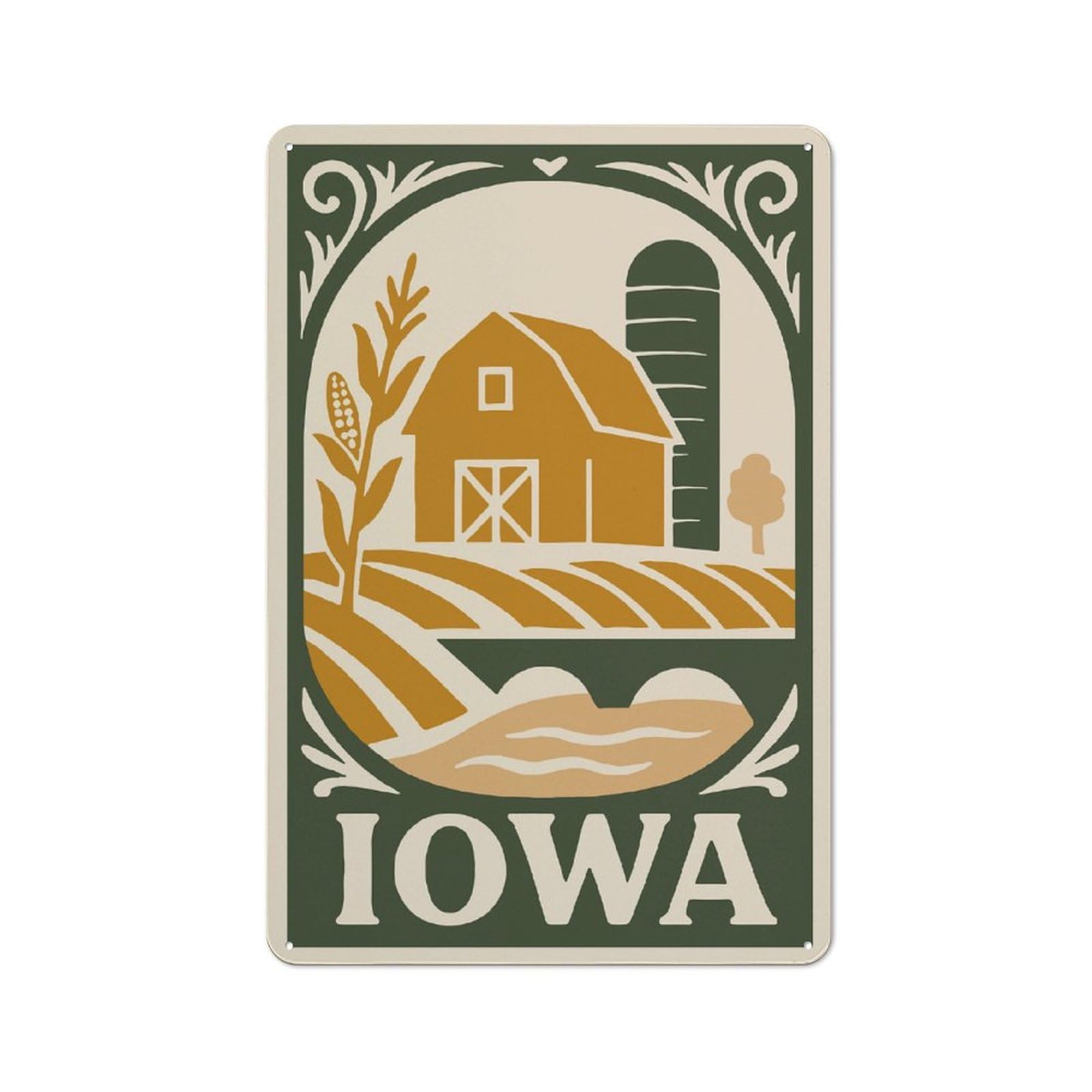 Junmoney Style-13 Iowa Farm Scene Illustration Vintage Tin Sign 30X20cm For Man Cave Or Games Room, For Kitchen, Dining Room And Home Bar Wall Decor