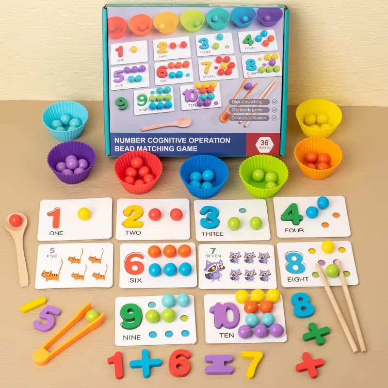 Bestie toys Wooden Color Sorting Beads Game with Number | Wooden Beads for Color Sorting | Fine Motor Toys with Rainbow Beads, Cups, Kids Tweezers, Spoon, Chopsitcks (B0DG98WW75) Amazon Price History, Amazon Price Tracker