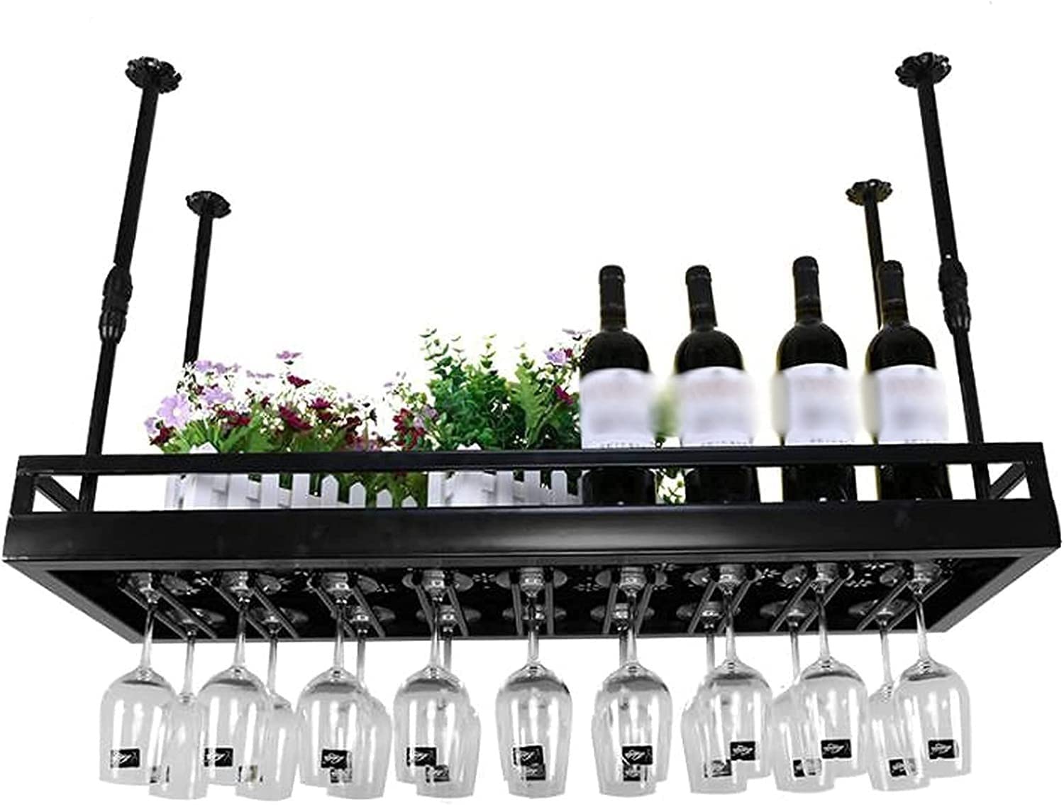 Étagère à vin suspendue noire réglable en hauteur pour plafond de cuisine et bar