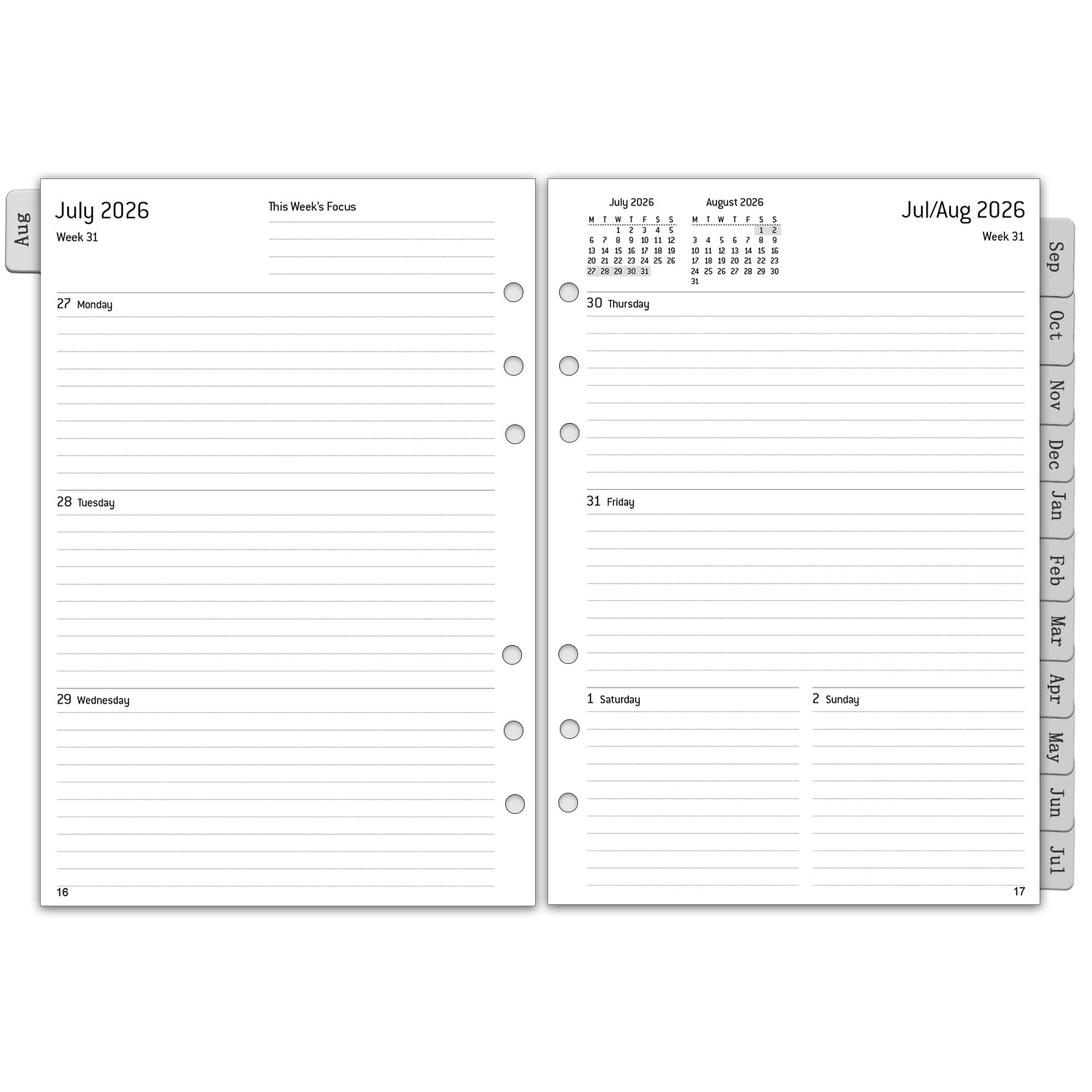 A5 Diary 2026 2027 Refill Week to View, Weekly & Monthly Planner with Tabs, Notes, Contact, Timetable, August 2026 to July 2027, 6 Hole Organiser Inserts, Academic Middle Year Calendar 2026/27