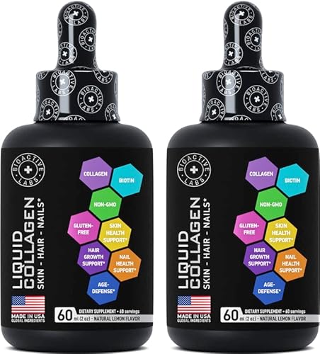 Hydrolyzed Liquid Collagen Peptides and Biotin - Collagen Liquid for Women and Men - Hair Skin and Nails Collagen and Biotin Drops Supplement - Lemon Collagen Type 1 and 3 Biotin Drop - 2-Pack, 2x60ml