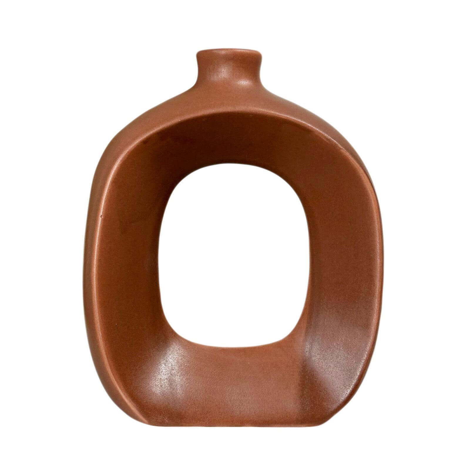 Darthome Brown Oval Donut Vase Irregular Stoneware Mid Century Modern Flower Bud Decor (Brown)