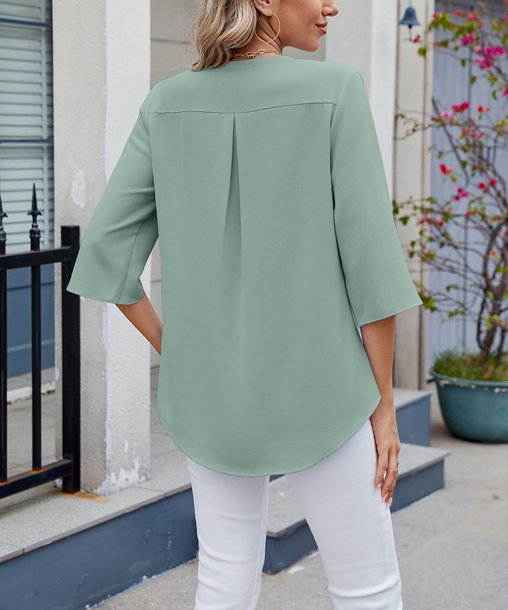 ABINGOO Donna Chiffon Camicetta 3/4 Manica Scollo a V Volant Tunica Tinta Unita Elegante Lavoro Tops