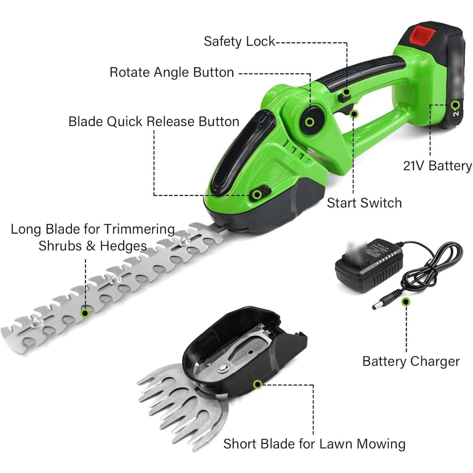 Cortasetos inalámbrico con cabezal giratorio de 90°, cortador de arbustos eléctrico de mano, incluye 2 baterías, ideal para jardín y cuidado del césped, diseño ligero