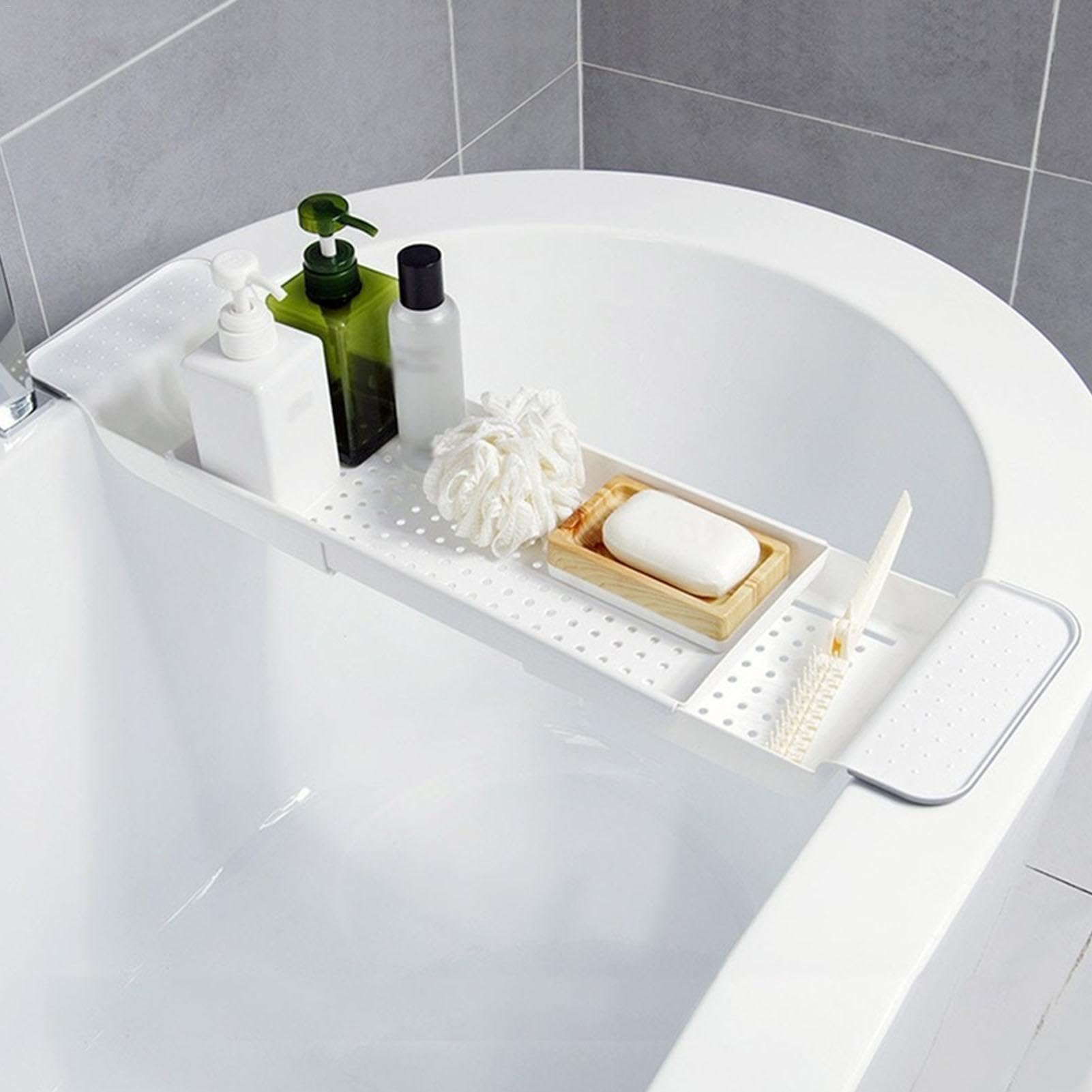Verstellbare Badewannentablett, Badewannen-Caddy Ablage, einziehbare Badewanne, 57-86 cm, perfekt für die Aufbewahrung von Shampoo, Seife und Badutensilien, luxuriöses Badezimmer-Zubehör