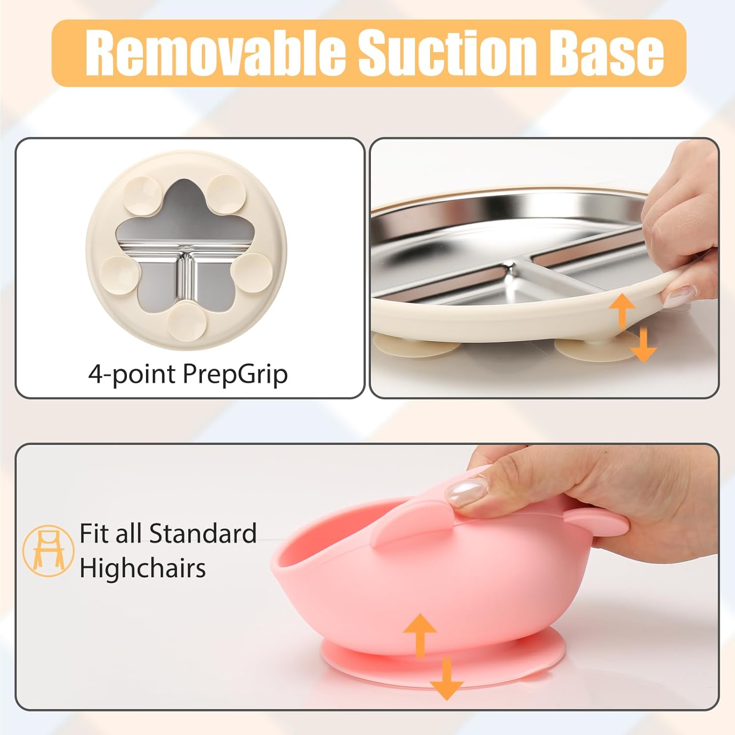 MISSLILI Stainless Steel Baby Plate and Bowls with Suction, Divided Kids Baby Plate and Toddler Bowl with Removable Silicone Suction, Non-Slip Baby Feeding Set Dishwasher Safe，4 Packs