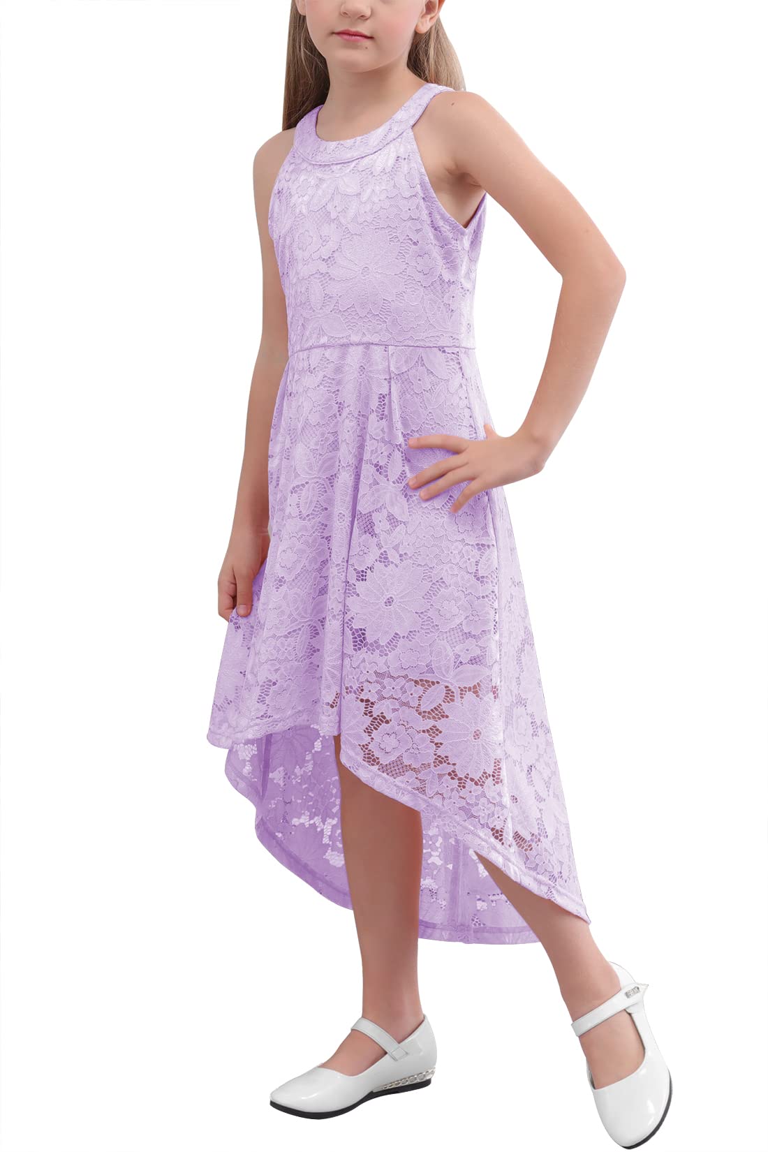 GORLYA Elegante vestido de fiesta de cumpleaños con cuello halter y encaje floral para niñas de 4 a 14 años | Capa de encaje floral y forro elástico, cuello halter, dobladillo alto, ideal para bodas, fiestas y ocasiones especiales.