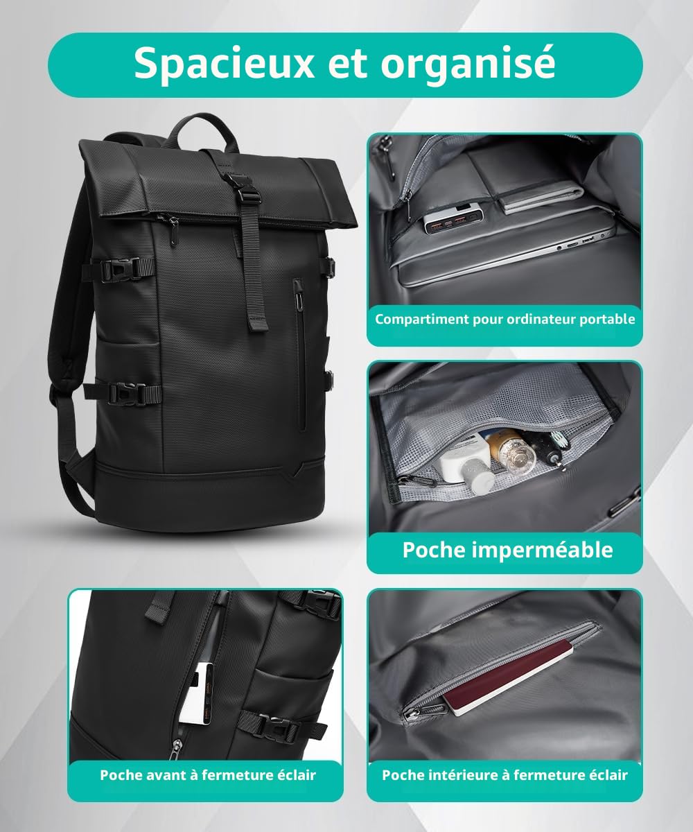 Sac a Dos Homme Etanche 33L pour 15 Pouces Ordinateur Portable Extensible pour Randonnée Travail Voyage Cyclisme Université-Noir