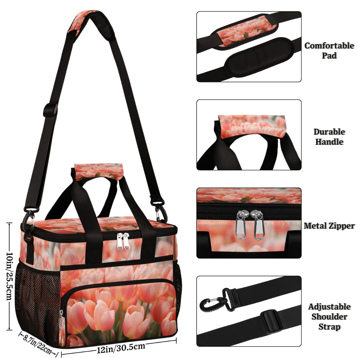 Beautiful Floral Insulated Picnic Backpack Lunch Box for Women Men Picnic Basket Tote Lunch Bag Picnic Bag Portable Lunch Bags for Picnic, Beach, Work, Trip,Office, Camp Pinks Tulips