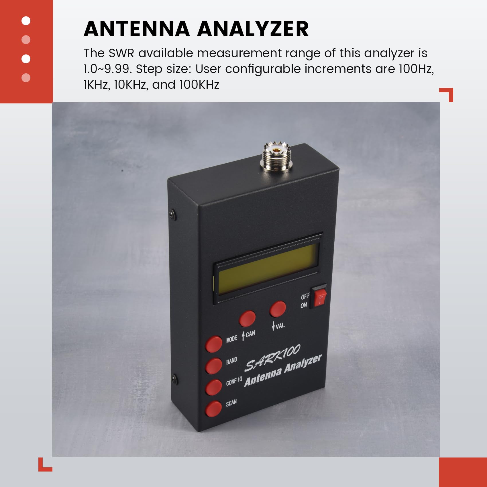 Analizador de antena SARK100 Analizador de antena SWR de corta 1-60 MHz con rango de medición utilizable de 1.0 a 9.99 SWR