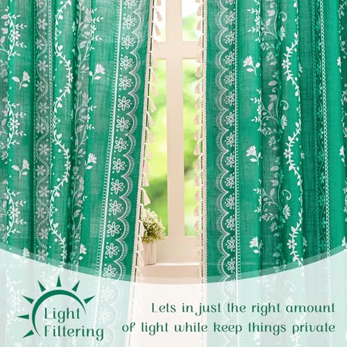 Image of Yinhua Boho Curtains for Living Room 84 Inch Length Vintage Linen Teal Curtains for Bedroom Light Filtering Floral Window Curtain Rod Pocket & Back Tabs Farmhouse Rustic Tassel Drapes with Tiebacks