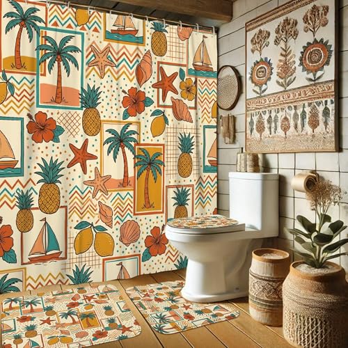 Rideau de douche palmier orange 183x183 cm lavable avec crochets - 2