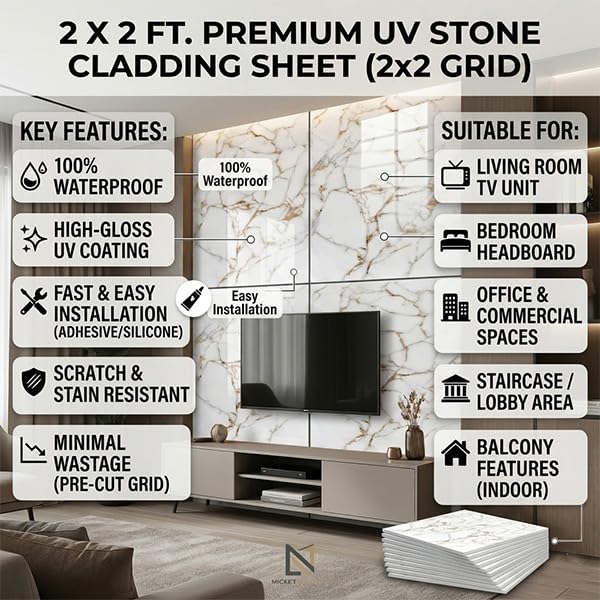 Image of WALLVEAR 2x2 Ft UV Marble Wall Panel Sheet Gold Vein Design, Pack of 1
