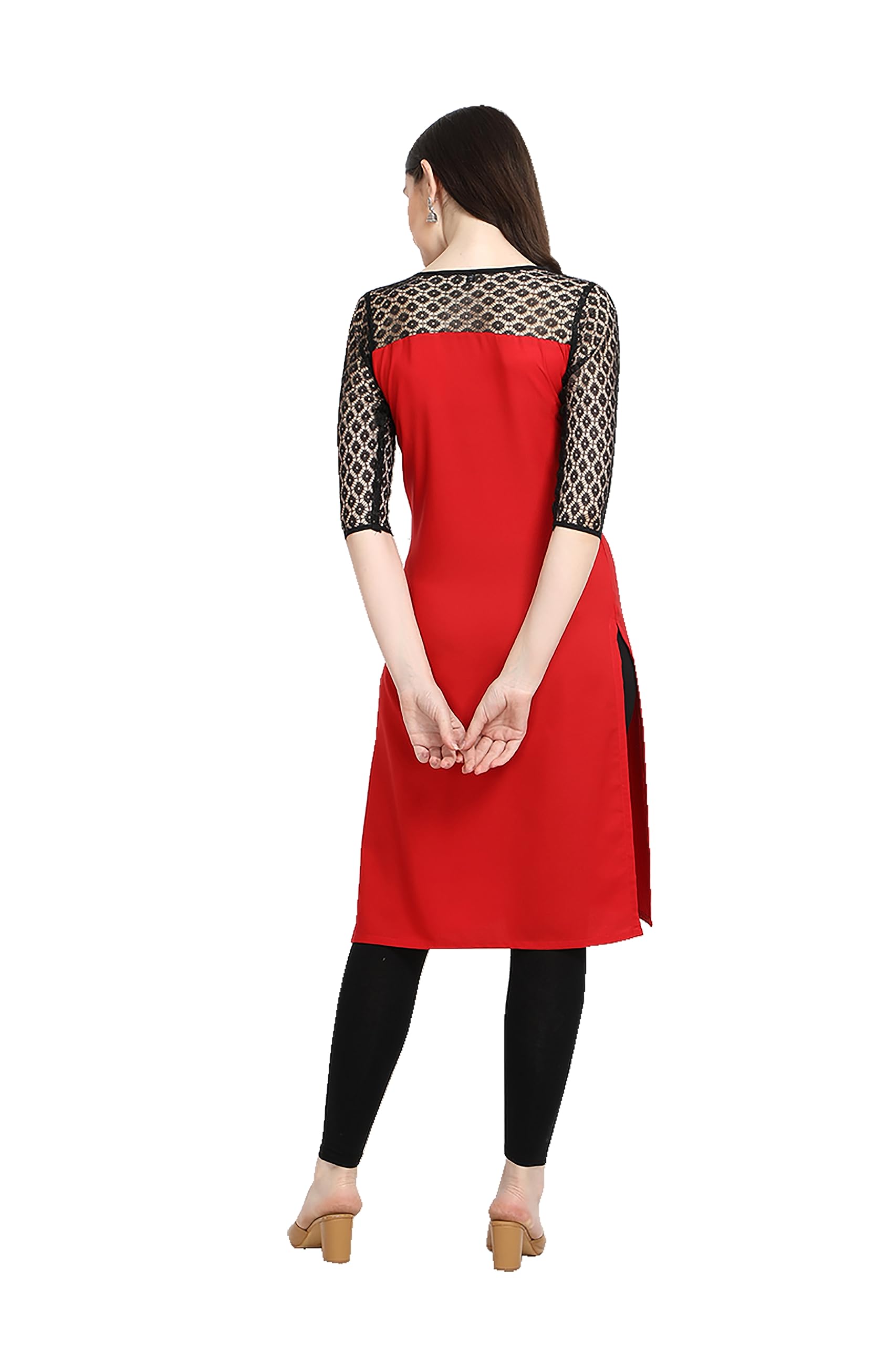Dream Beauty Fashion Women's Crepe Poly Net Round Neck Casual Straight Kurti (Bahubali 01-Red-XL) 2