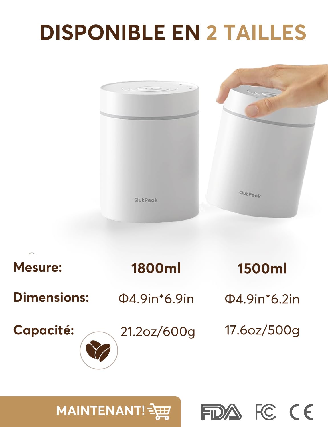 OUTPEAK Neo Latest Kilo – Boîte à café sous vide automatique, capacité de 1,5 L pour 500 g de grains de café, fonctionnement à un bouton, récipient de stockage de café en acier inoxydable avec