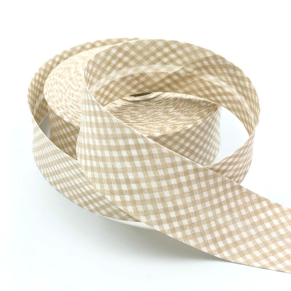 Craft Cult 40mm Wide Gingham Printed Pattern Bias Binding Tape - 25 Metre Roll (129 - Tan Brown)