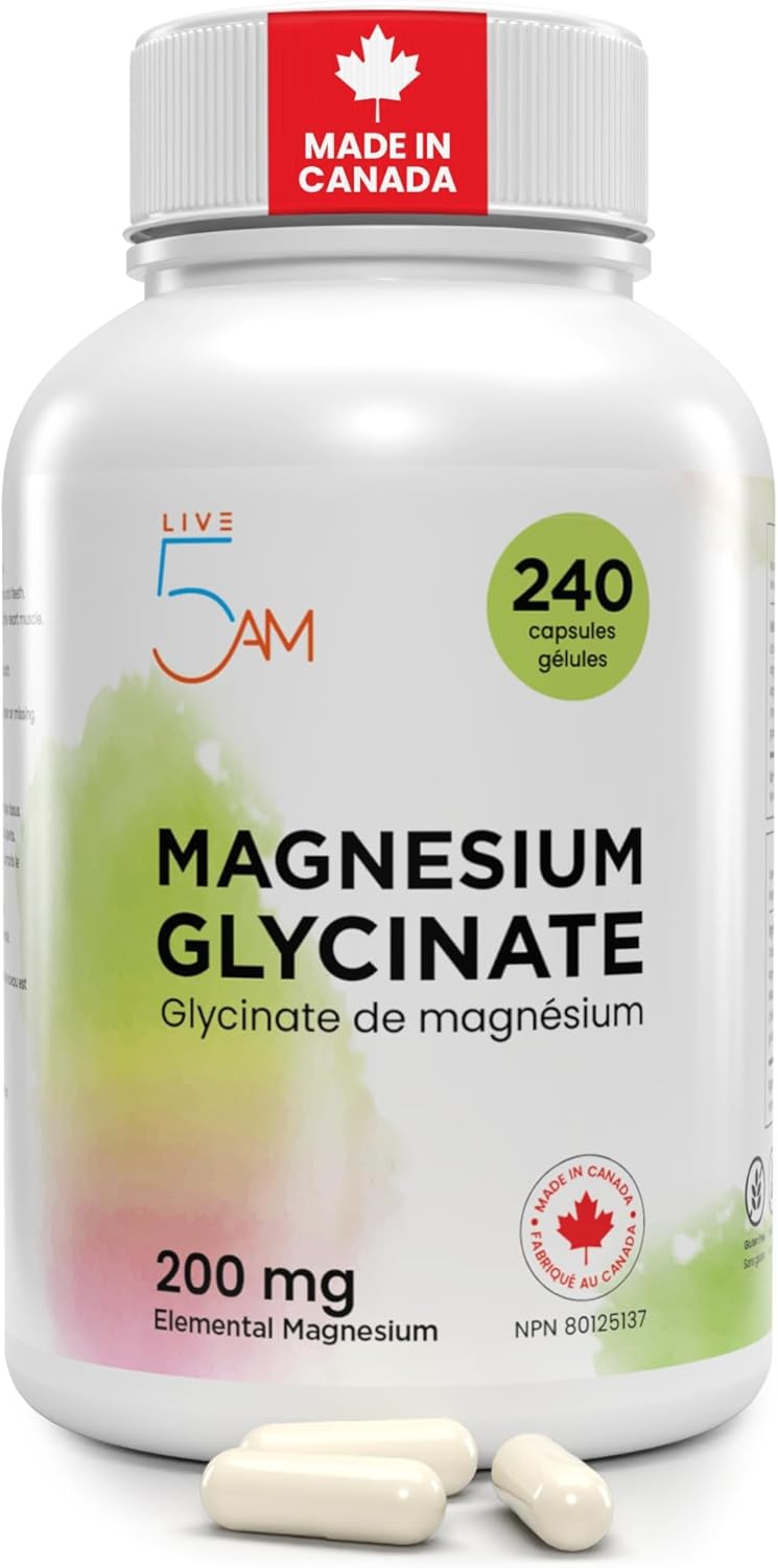 Live 5AM Magnesium Glycinate 200mg Elemental | 240 Vegan Capsules, Chelated for Absorption, Helps in Energy Metabolism, Bone and Teeth Maintenance, Muscle Function and Electrolyte Balance,Made in Canada