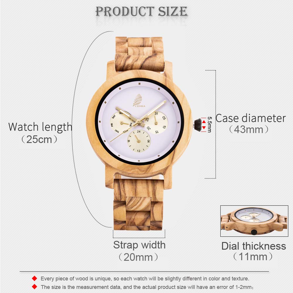 CZOKA Orologio da Uomo e donne in Legno, Noce nero naturale/oliva Orologio di Legno con Movimento al Quarzo Giapponese, con cinturino regolabile