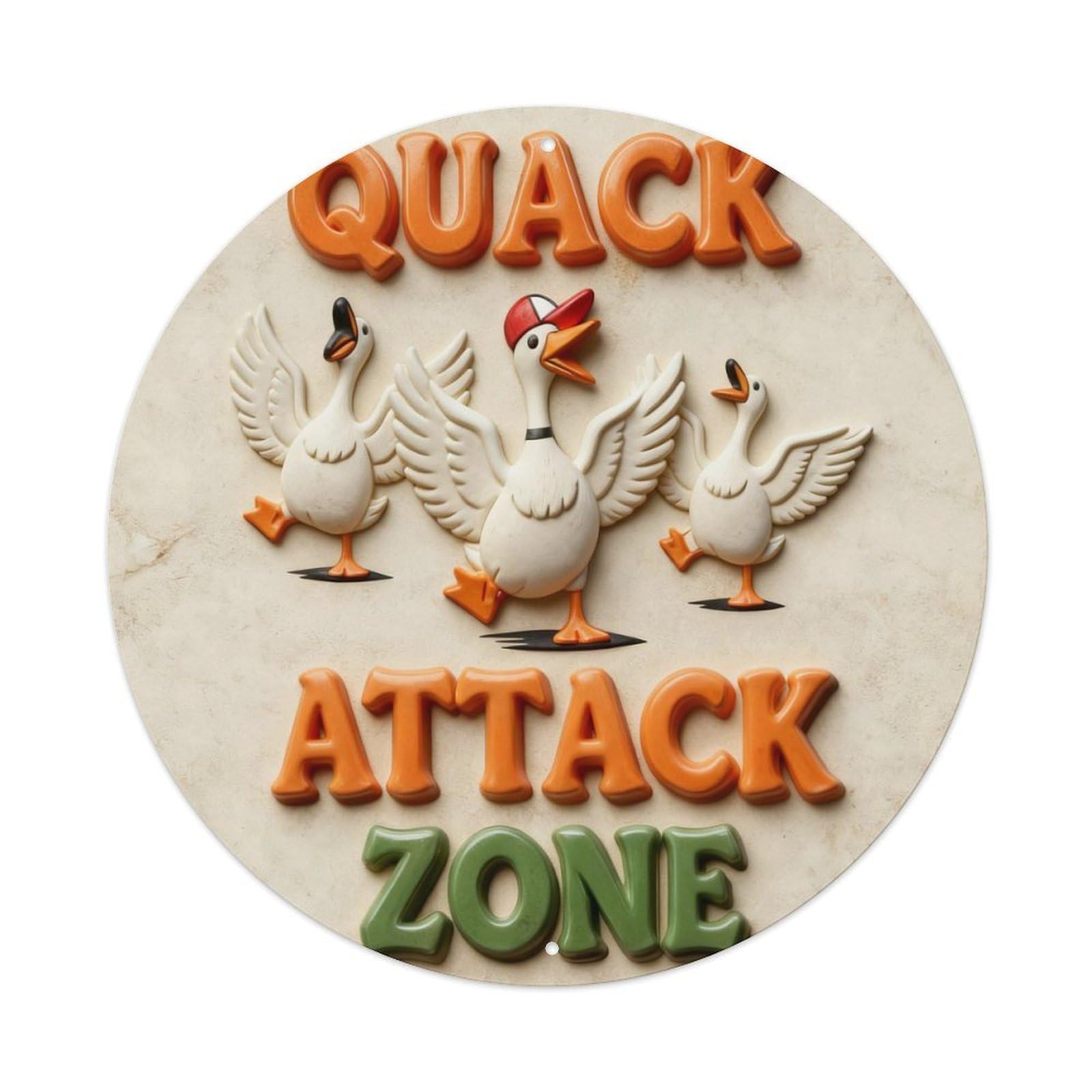 Quack Attack Zone Ducks Sign Round Metal Tin Sign Vintage Wall Decor, Bar Garage Cafe Kitchen Home Wall Art Poster 8x8inches