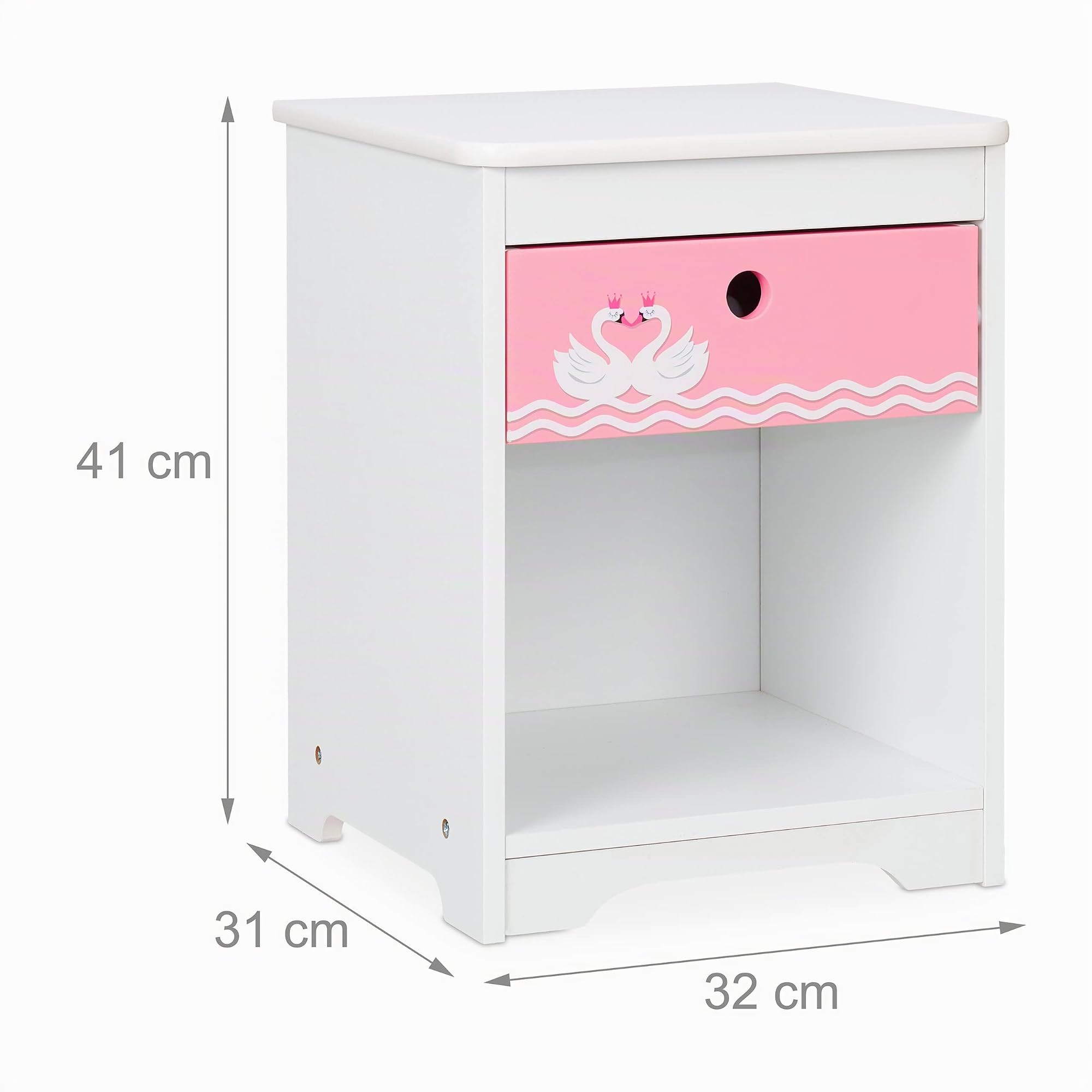 Relaxdays Table de Chevet pour Enfant, cygnes, tiroir et Rangement, Meuble Nuit, Commode, HLP : 41x32x31 cm, Blanc-Rose
