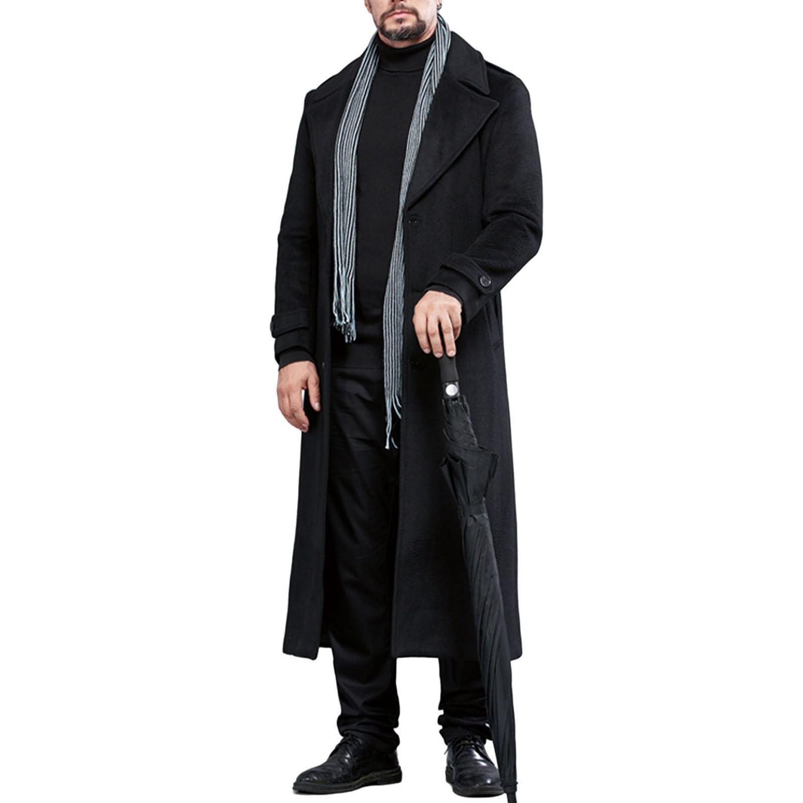 Trench Lungo da Uomo in Misto Lana, Monopetto, con Collo A Tacca, Stile Business, con Cintura,Nero,9XL