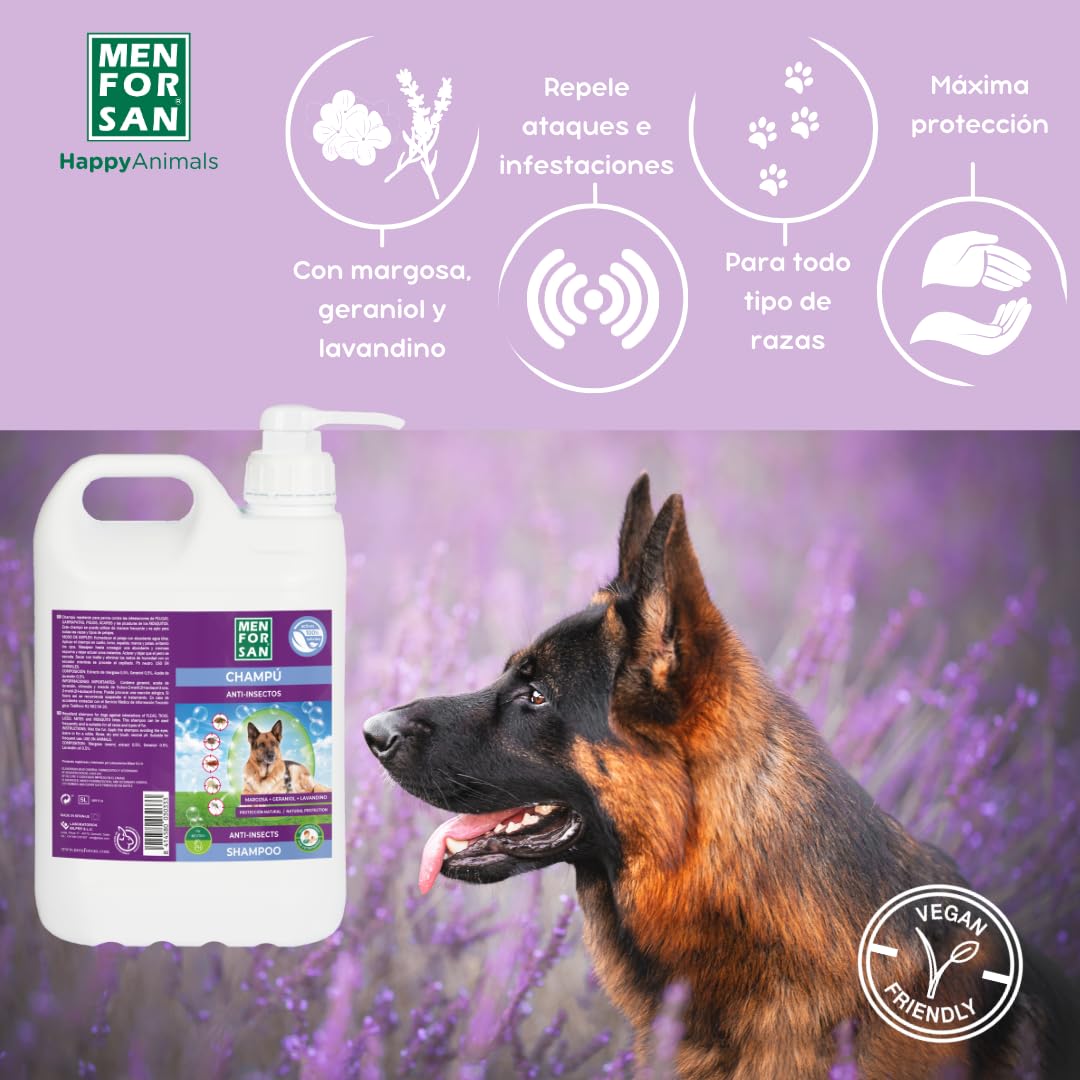 MENFORSAN Champú Anti-Insectos Repelente para Perros | con 3 Activos Naturales: Margosa, Geraniol y Lavandino | Protege contra Insectos | Cítrico | 5L